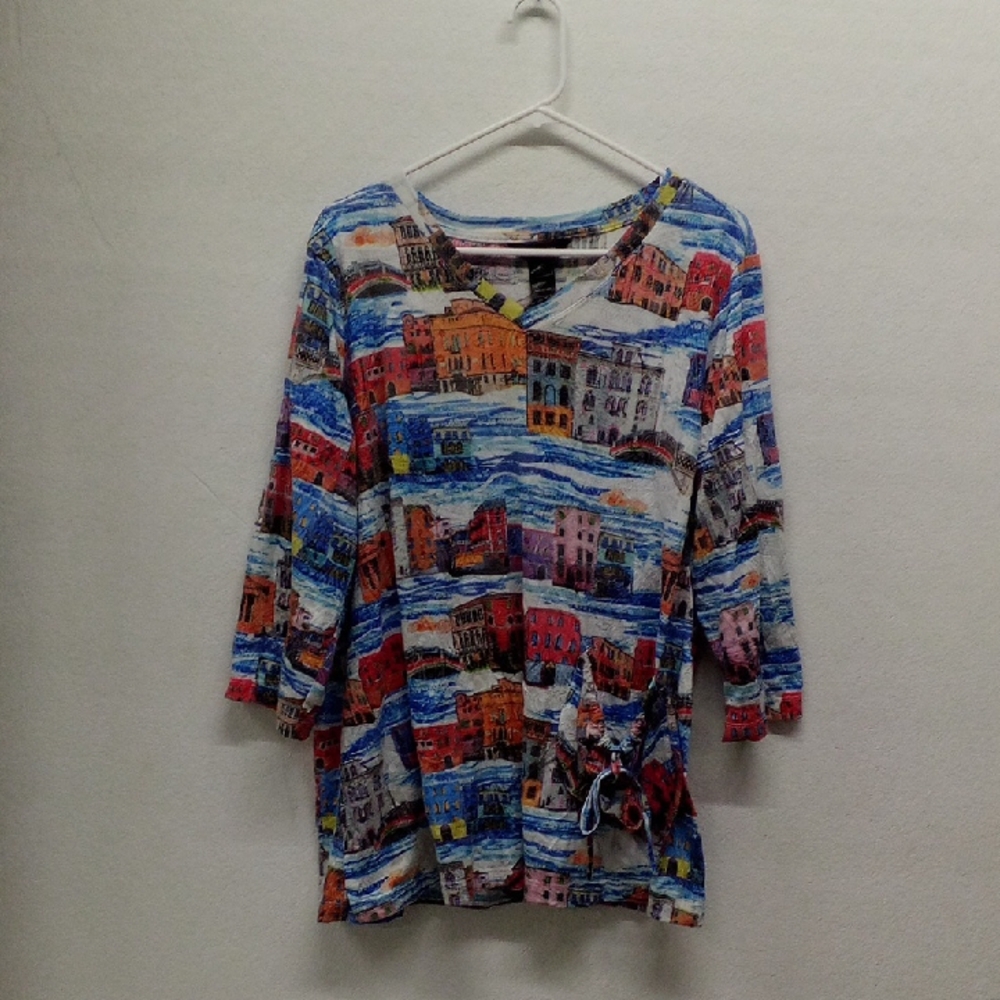Ali Miles Multicolor Artistic Print V Neck 3/4 Sleeve Top